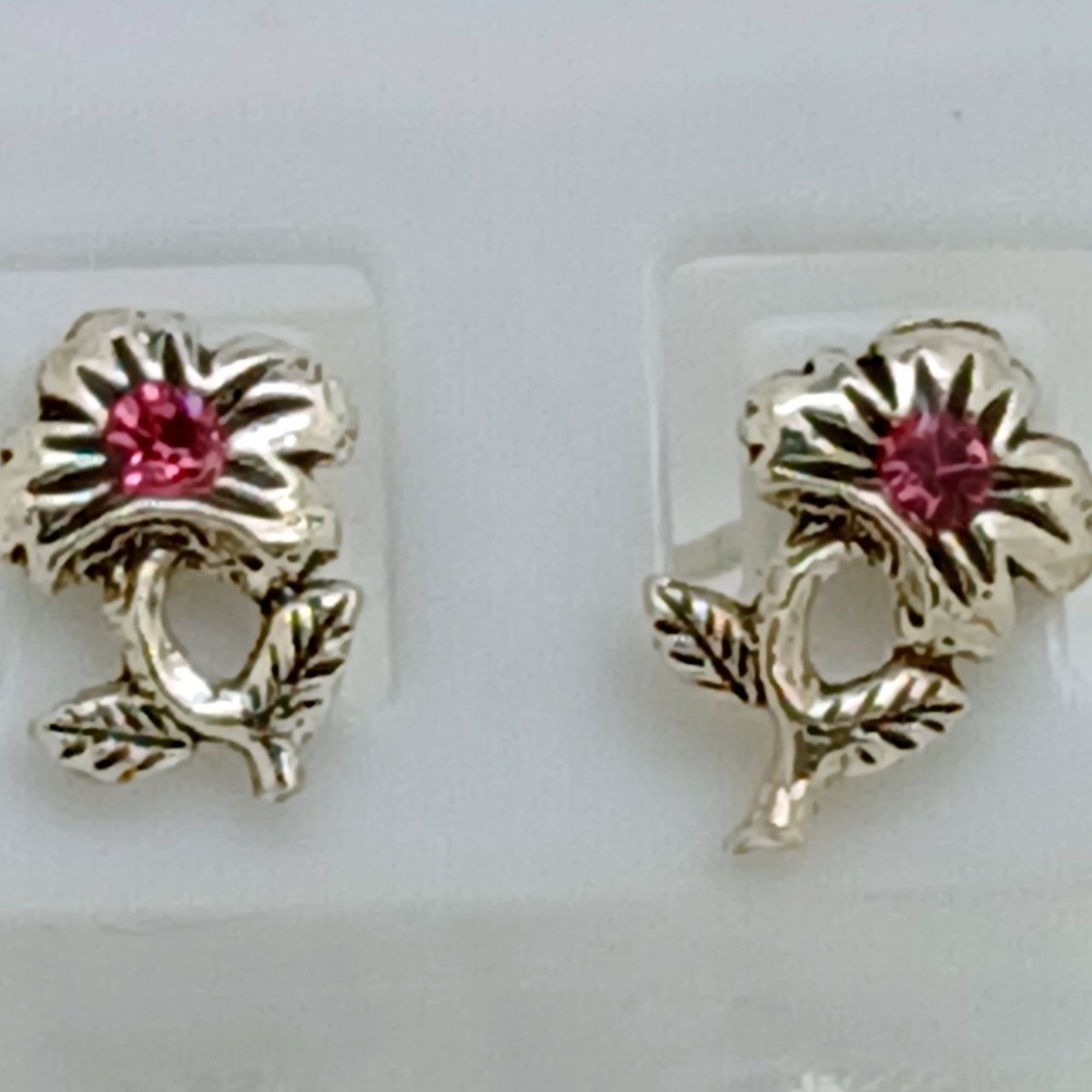 925 Sterling Silver Pink Crystal Hibiscus Flower Stud Earrings Floral Hawaiian